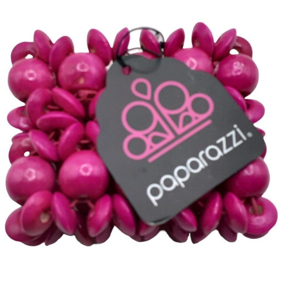 Hot Pink Wood Beaded Bracelet By Paparazzi Wide Stretch Bracelet New Barbiecore